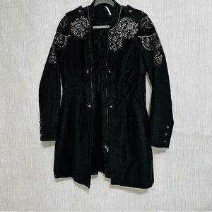 Free People Stand-Collar Embroidered Embellished Sergeant Coat Charcoal Size 10